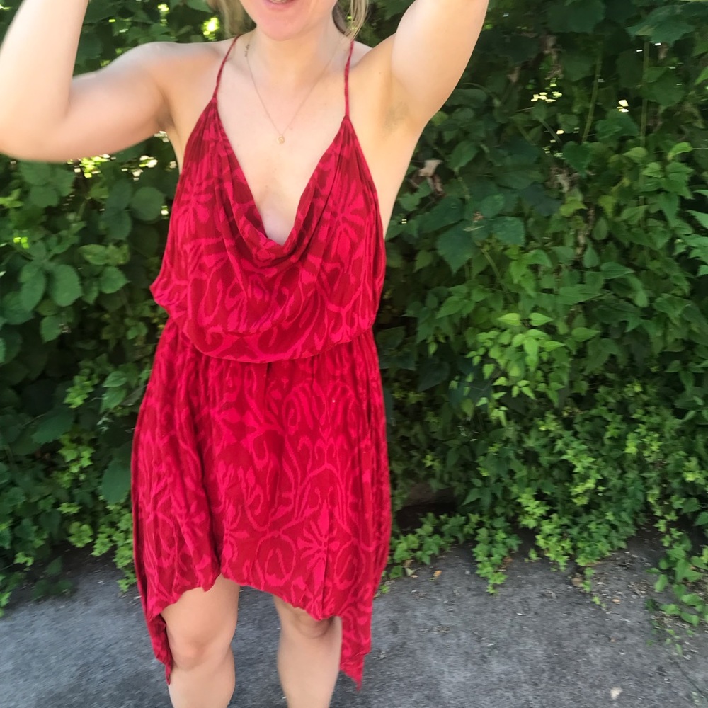 Indah cowl neck draping tahini red dress